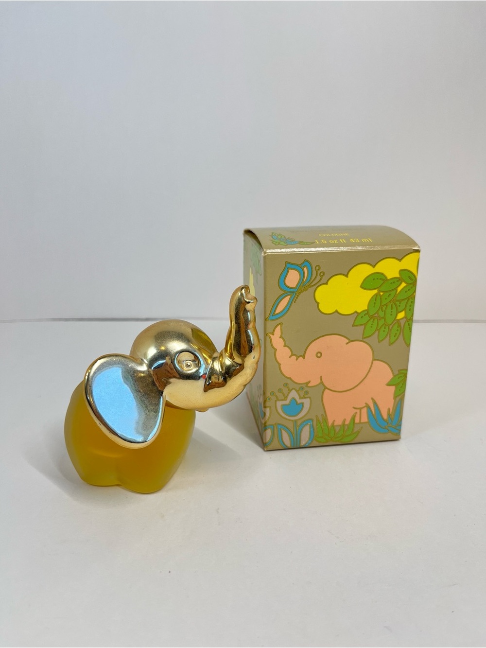 Vintage AVON Good Luck Elephant Imperial Garden Cologne Decanter Gold Tone Box